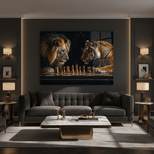 Lion vs Tiger Chess Glass Wall Art in luxury living room