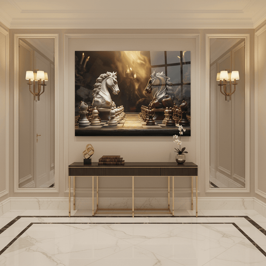 Chess Knights Glass Wall Art in luxury entrance hall