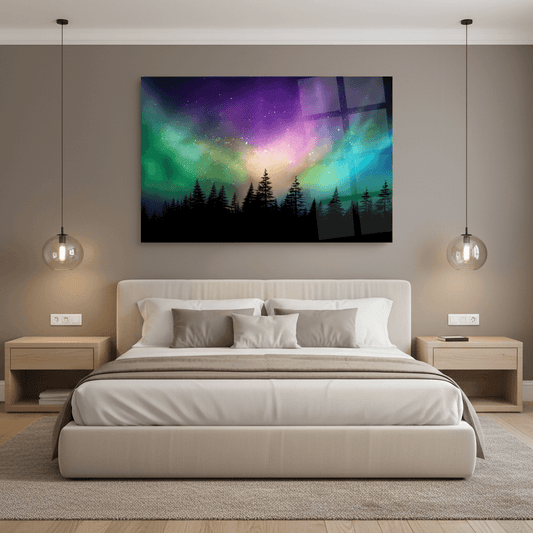 Y-295 aurora borealis forest glass wall art in a luxury bedroom