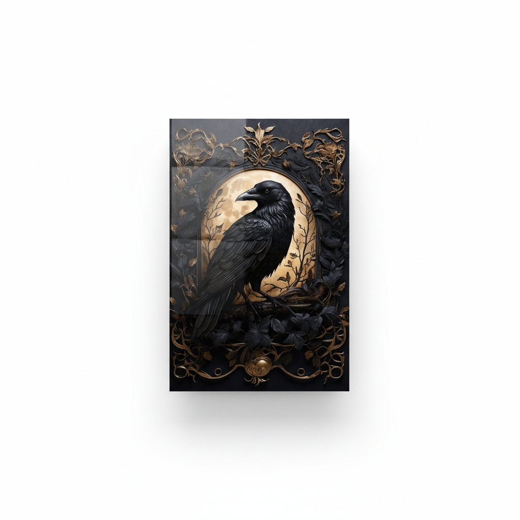 Front view of Raven Moon Glass Wall Art, featuring a black raven against a glowing golden moon with dark botanical and antique-gold details.