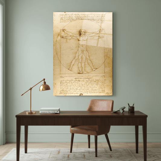 Vitruvian Man Glass Wall Art displayed in a refined home office with sage-green walls.