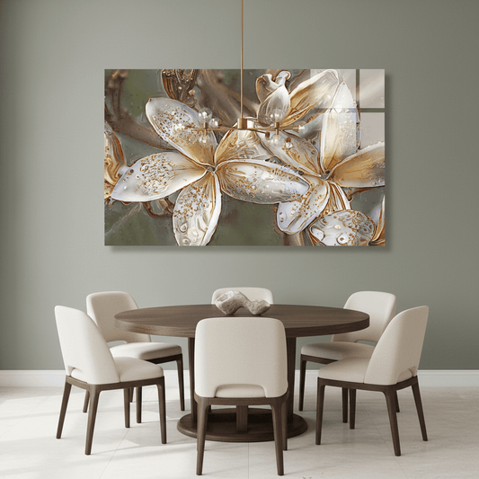 LMT-056 white and ivory flowers with gold details glass wall art in a luxury dining room