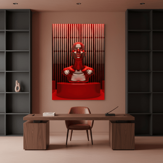 Red chrome futuristic human bust glass wall art in a muted terracotta luxury office