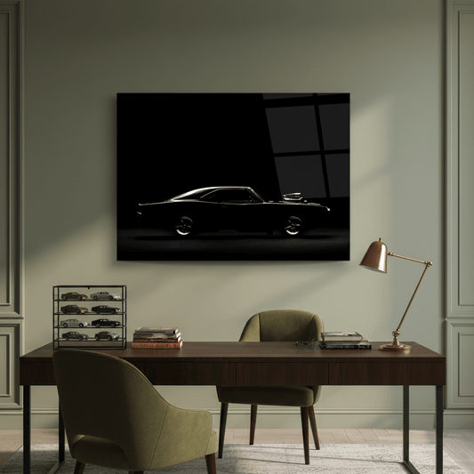 1968 Dodge Charger glass wall art displayed in a retro hobby room