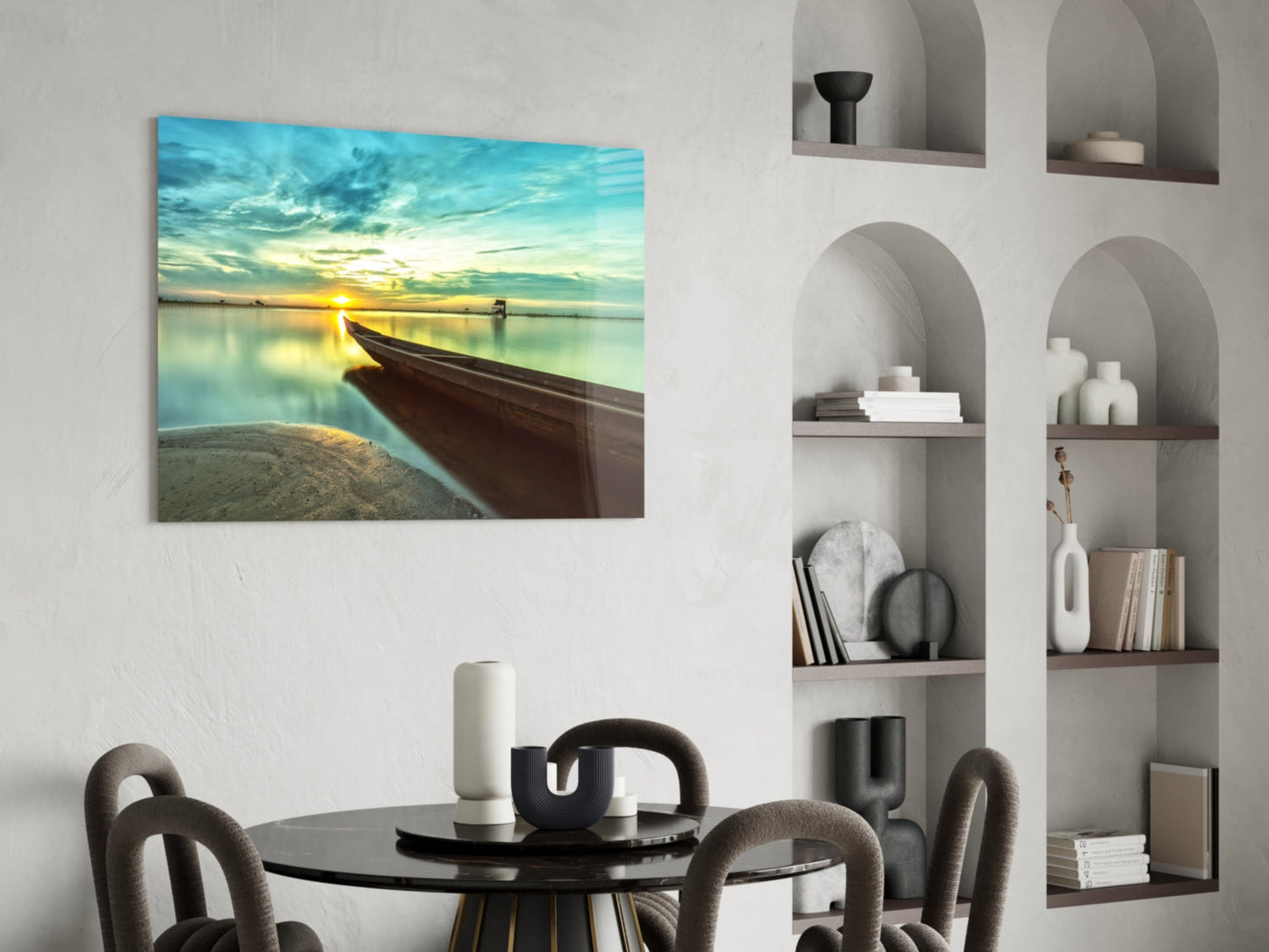 Kayak on the Beach and Sunset Glass Wall Art