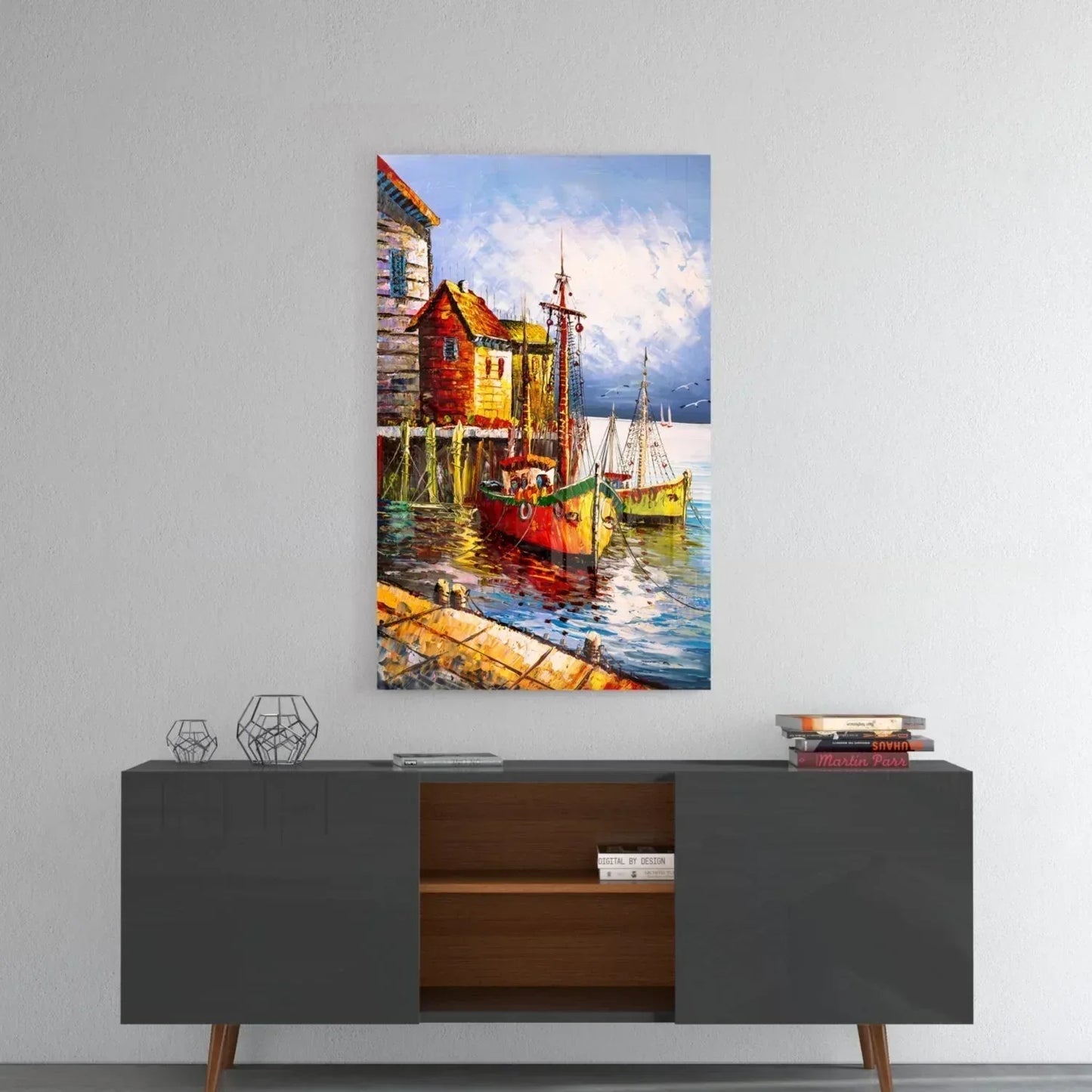 Boats on the Shore Glass Wall Art - LUXARTDECO