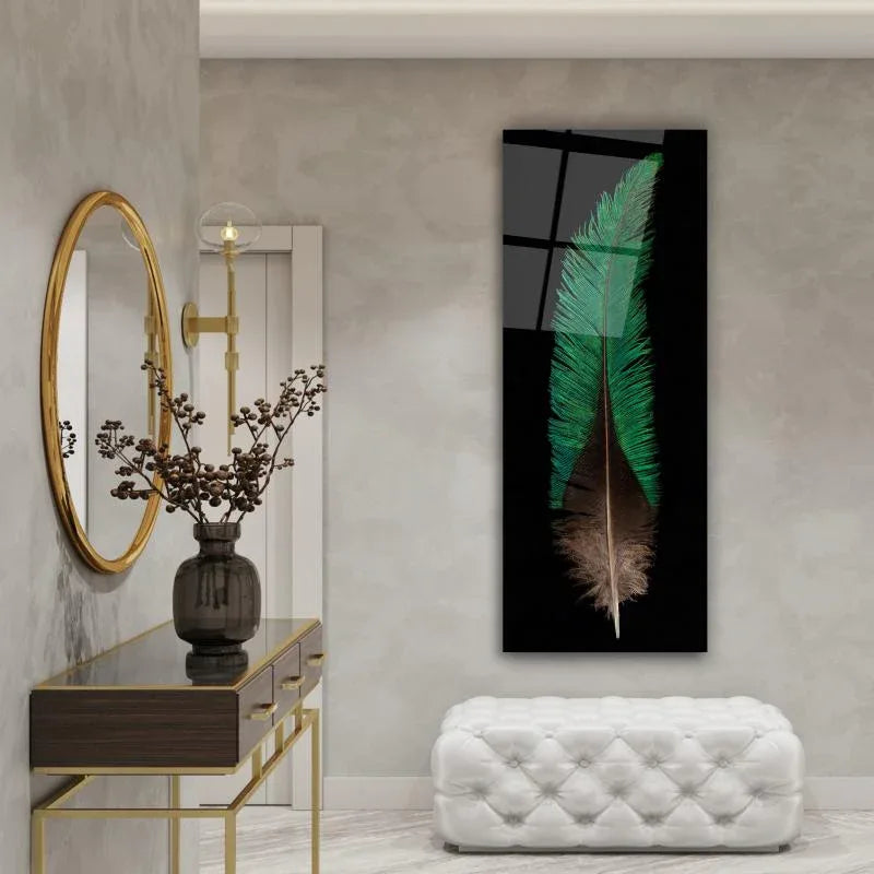 Green Feather Glass Wall Art - LUXARTDECO