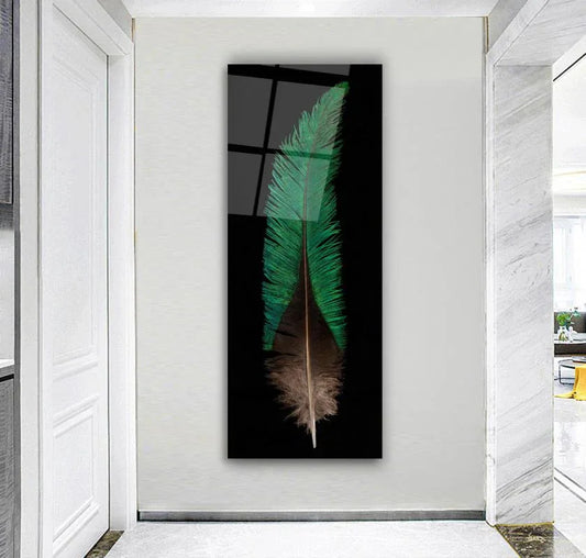 Green Feather Glass Wall Art - LUXARTDECO
