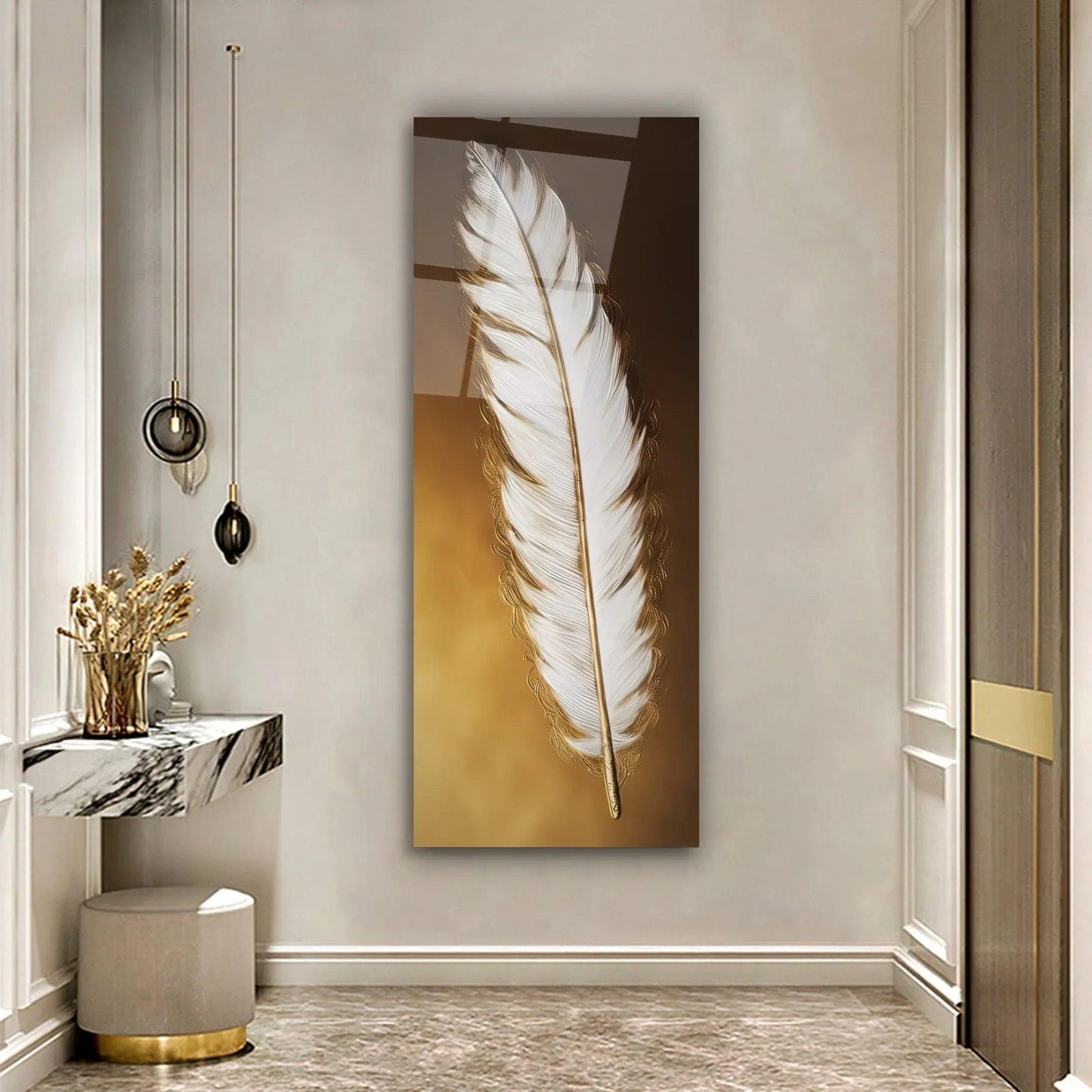 White Feather Glass Wall Art - LUXARTDECO