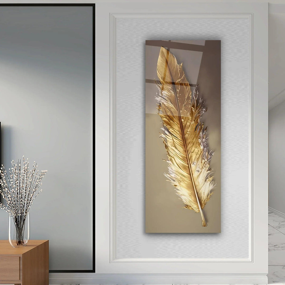 Gold Feather Glass Wall Art - LUXARTDECO