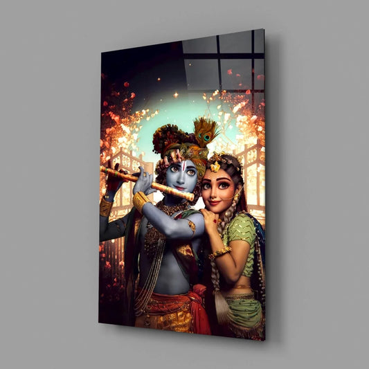 Krishna and Radha Glass Wall Art - LUXARTDECO