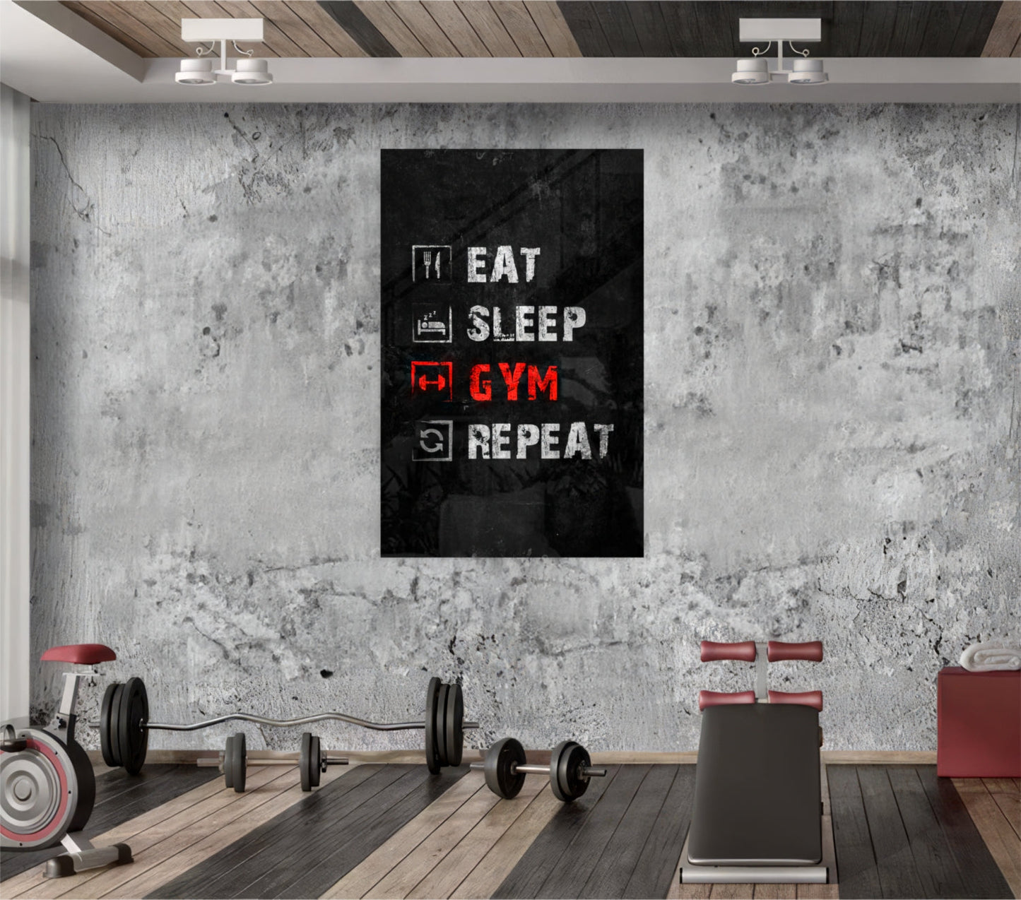 Eat, Sleep, Gym Glass Wall Art