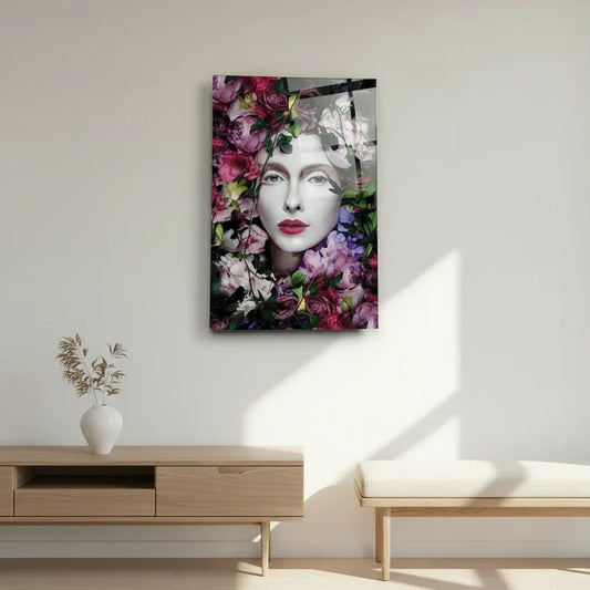 Woman with Flower Crown Glass Wall Art - LUXARTDECO
