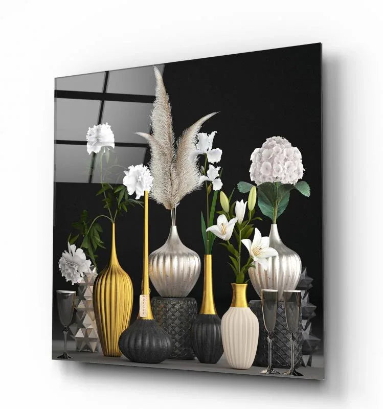 Silver and Gold Vases Glass Wall Art - LUXARTDECO
