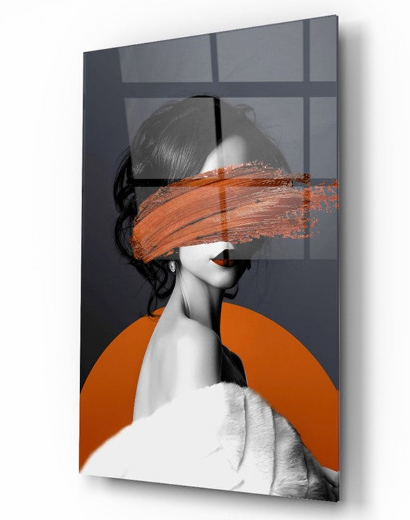 Art mural en verre orange représentant une femme
