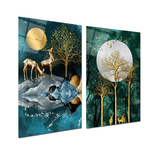 Deer Nature Duo Glass Wall Art Set - LUXARTDECO