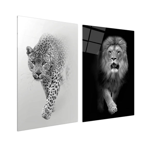 Lion and Leopard Duo Glass Wall Art Set - LUXARTDECO