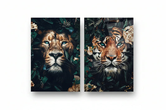 Tiger and Lion Jungle Duo Glass Wall Art Set - LUXARTDECO