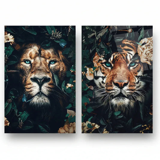 Tiger and Lion Jungle Duo Glass Wall Art Set - LUXARTDECO