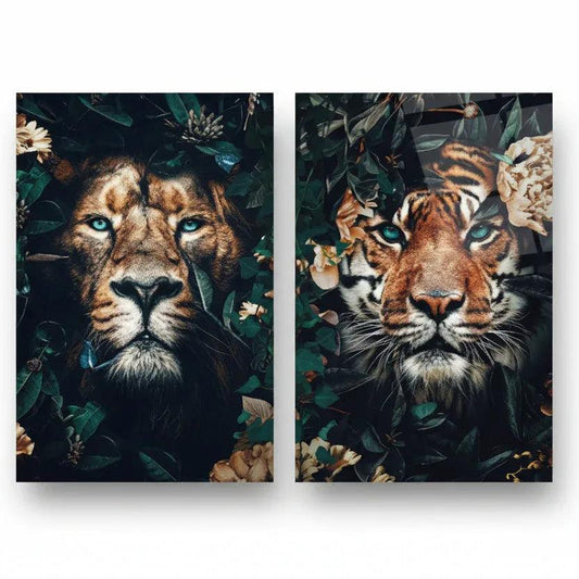 Tiger and Lion Jungle Duo Glass Wall Art Set - LUXARTDECO
