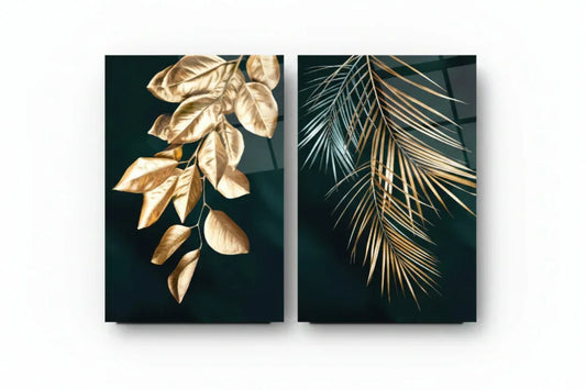 Golden Leaves Duo Glass Wall Art Set - LUXARTDECO