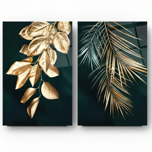 Golden Leaves Duo Glass Wall Art Set - LUXARTDECO