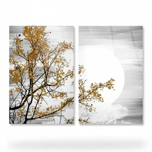 Tree and Moon Duo Glass Wall Art Set - LUXARTDECO