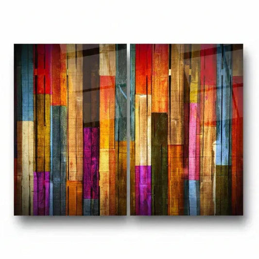 Colorful Wood Texture Duo Glass Wall Art Set - LUXARTDECO