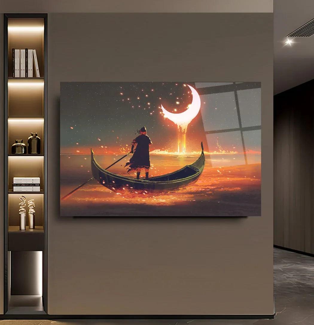 Boat and Moon Glass Wall Art - LUXARTDECO