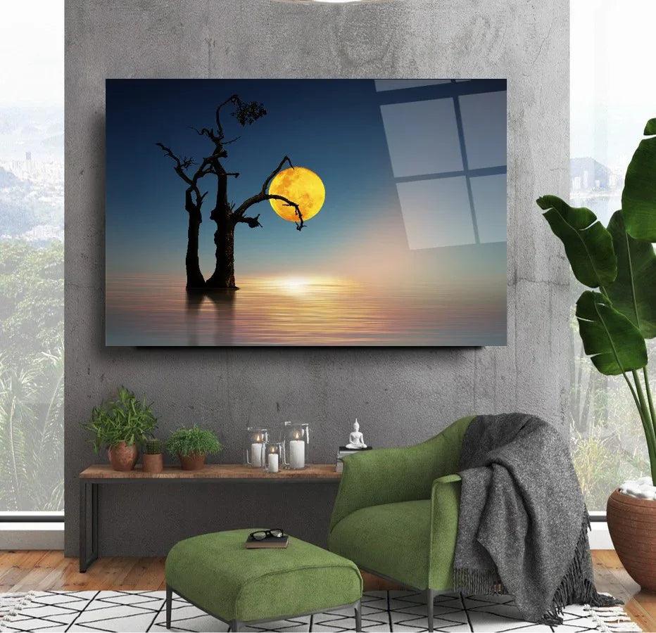Moonlight Lake Tree Glass Wall Art - LUXARTDECO