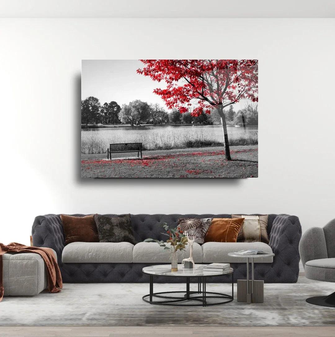 Red Tree Landscape Glass Wall Art - LUXARTDECO