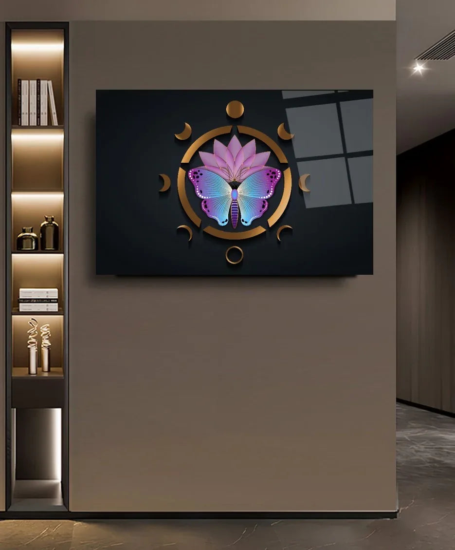 Lotus Butterfly Glass Wall Art - LUXARTDECO