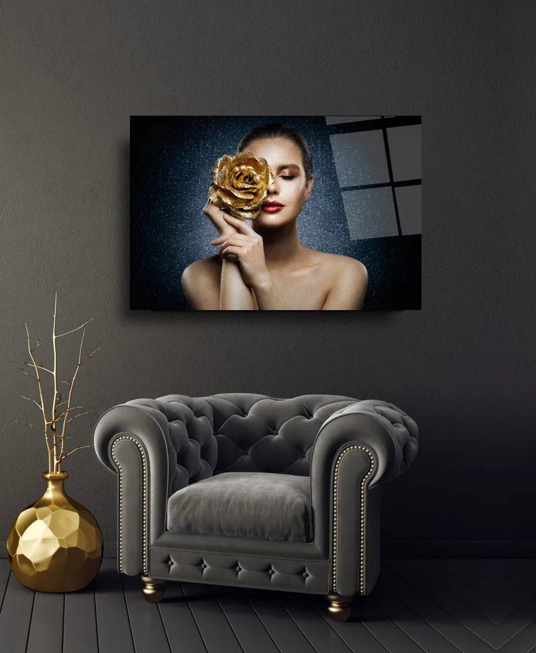 Woman with Rose Glass Wall Art - LUXARTDECO