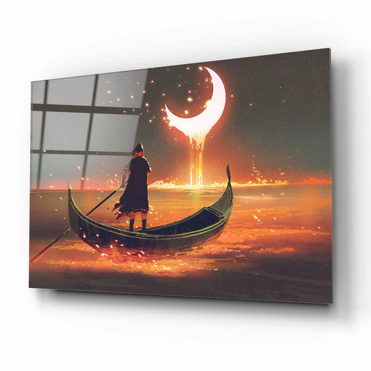 Boat and Moon Glass Wall Art - LUXARTDECO