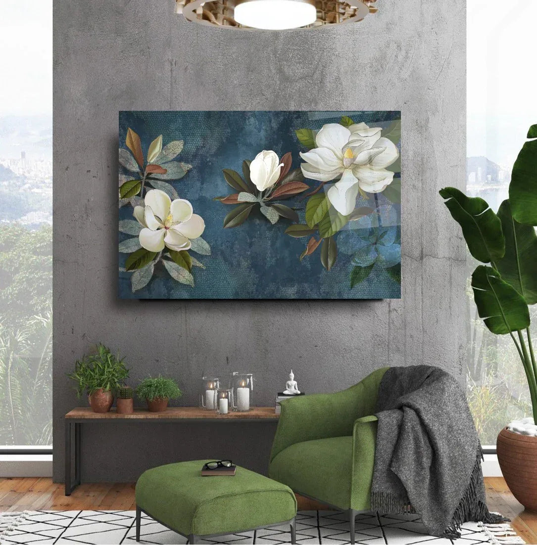 White Magnolia Glass Wall Art - LUXARTDECO