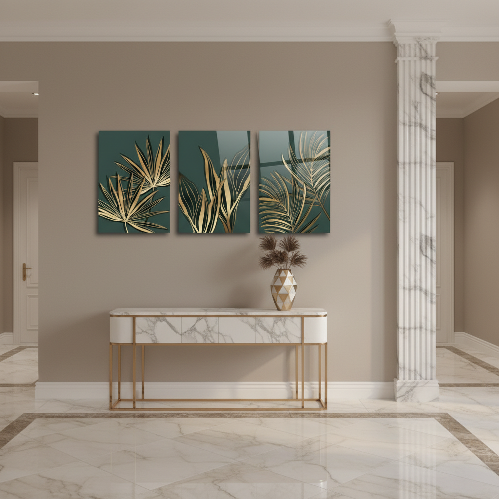 Foglie Tropicali Dorate Quadro in Vetro Temperato