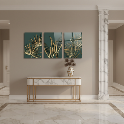 Foglie Tropicali Dorate Quadro in Vetro Temperato