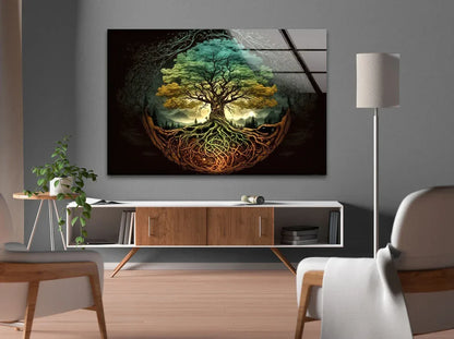 Turquoise & Gold Tree of Life Glass Wall Art - LUXARTDECO