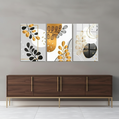 Foglie Botaniche Dorate Quadro in Vetro Temperato
