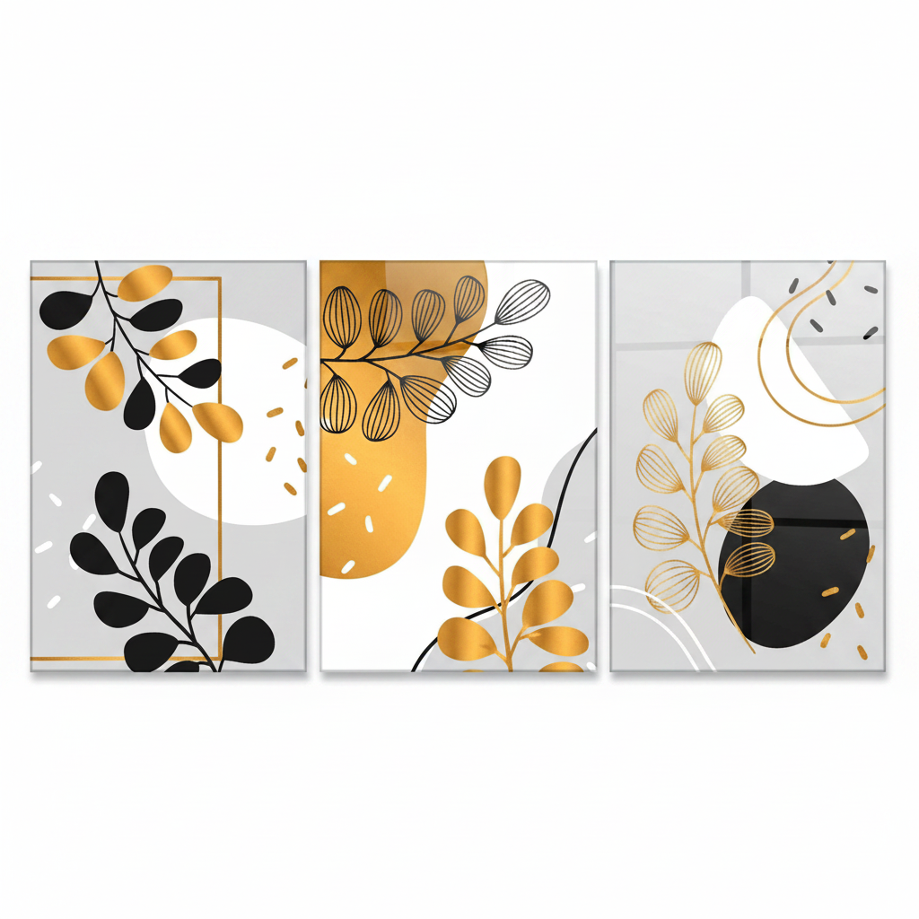 Foglie Botaniche Dorate Quadro in Vetro Temperato