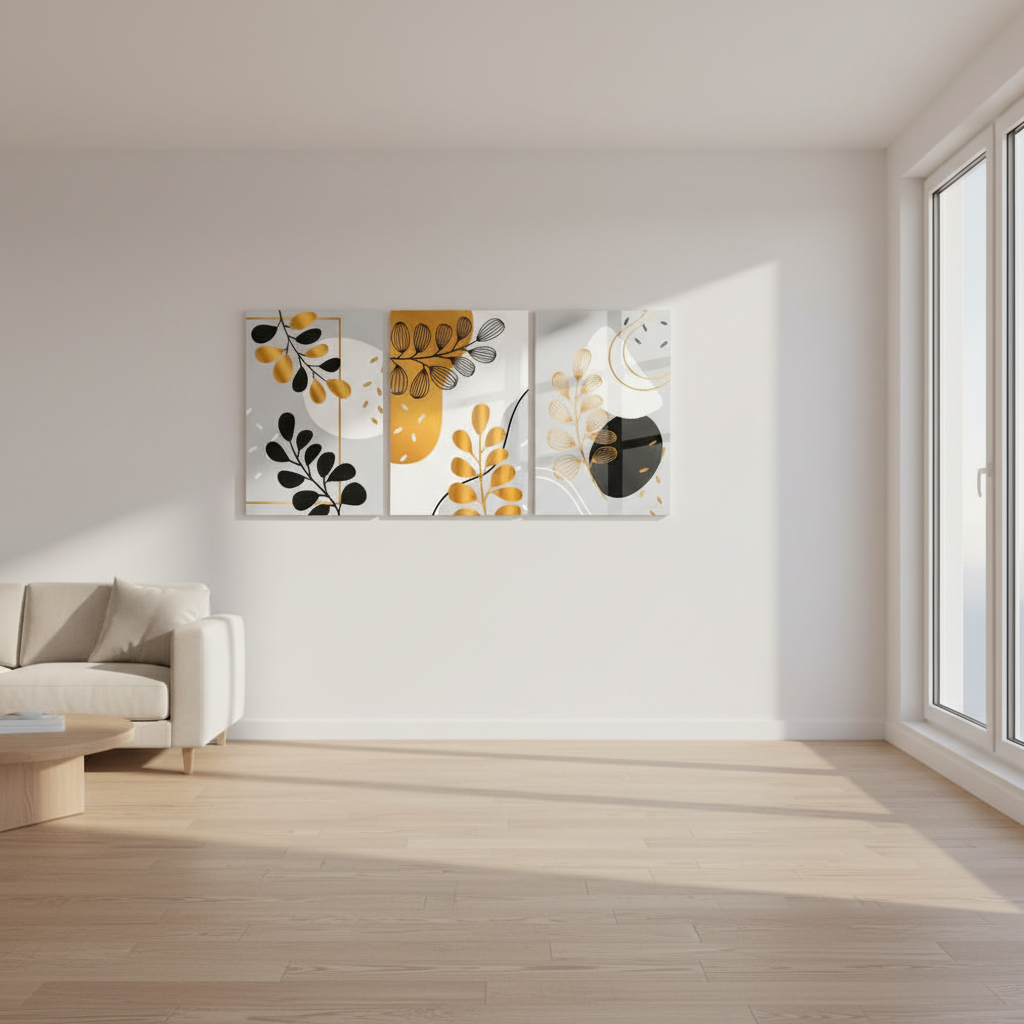 Foglie Botaniche Dorate Quadro in Vetro Temperato