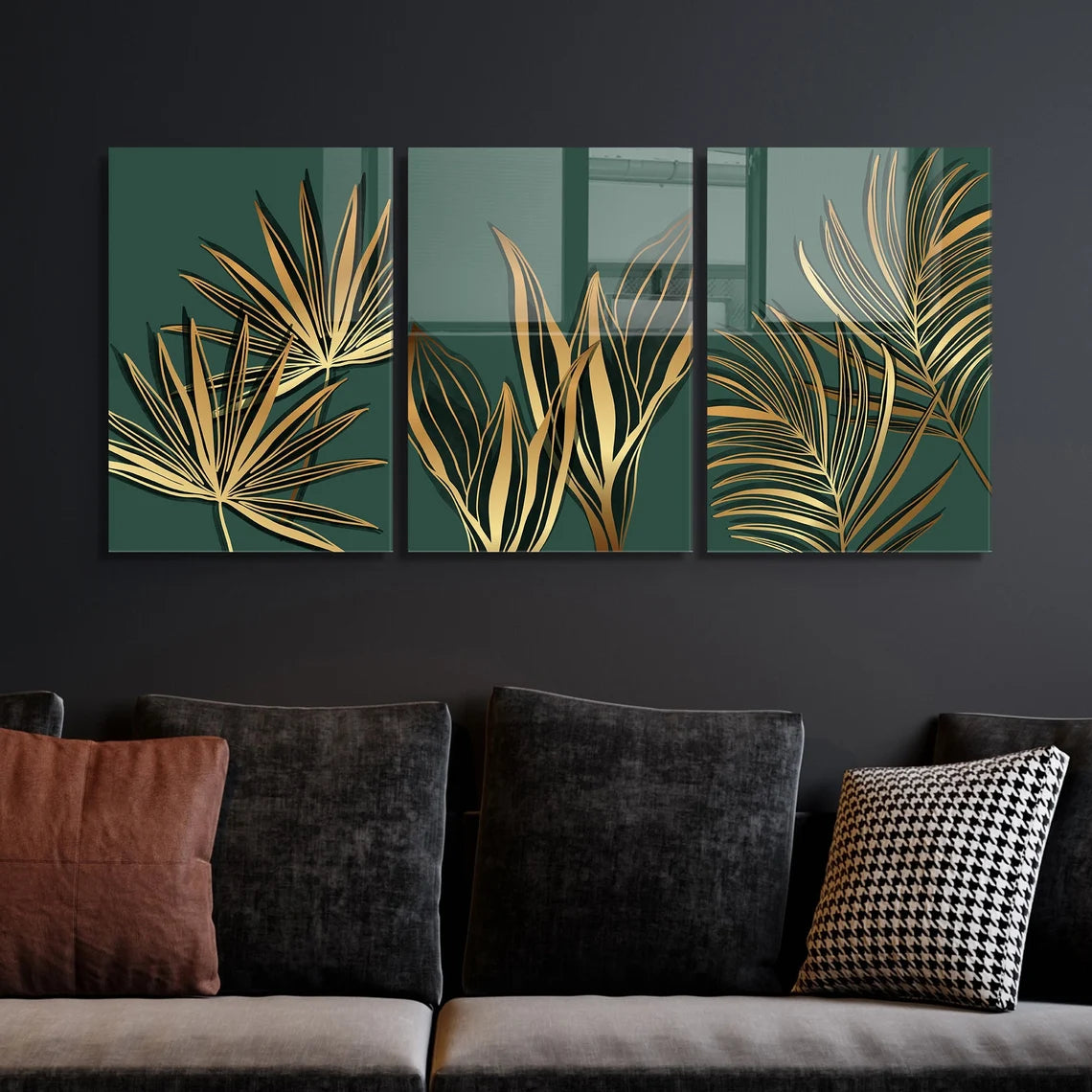 Foglie Tropicali Dorate Quadro in Vetro Temperato