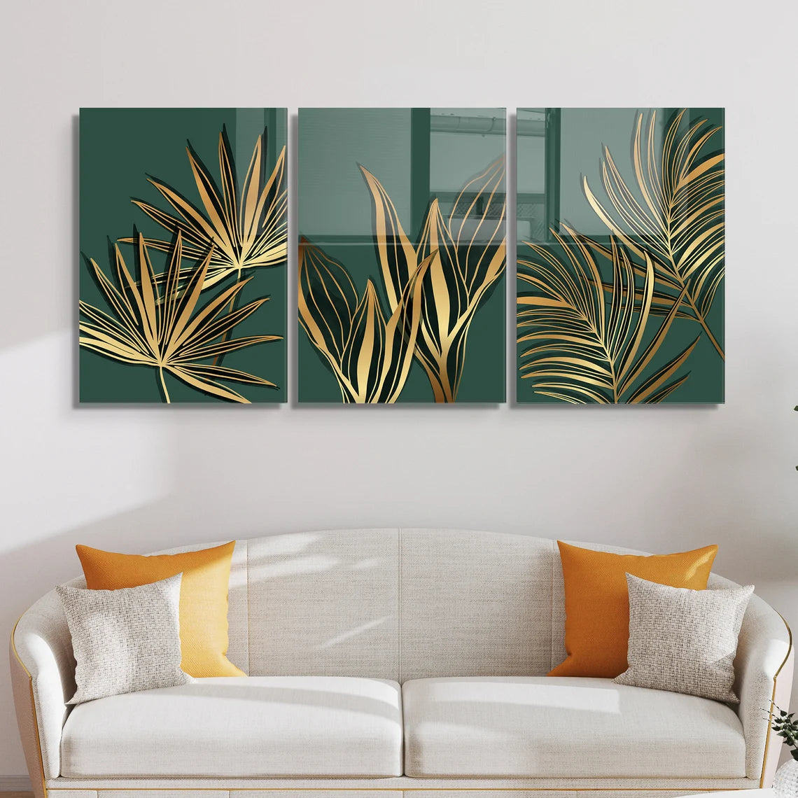 Foglie Tropicali Dorate Quadro in Vetro Temperato
