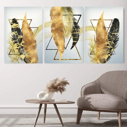 Golden Feathers Geometric Glass Wall Art