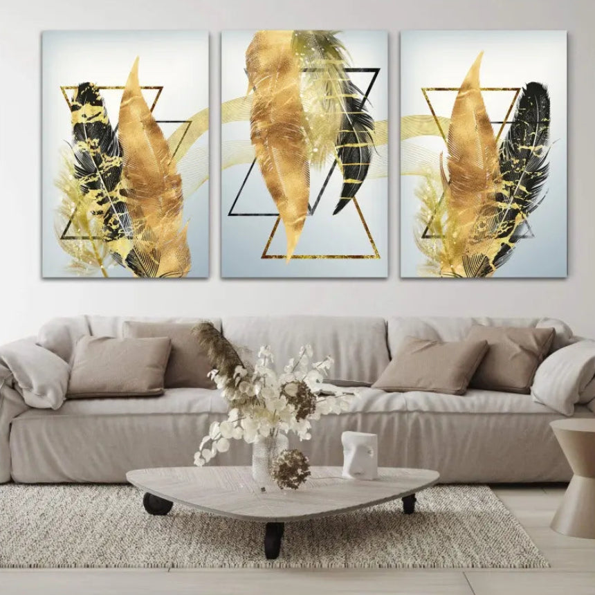 Golden Feathers Geometric Glass Wall Art
