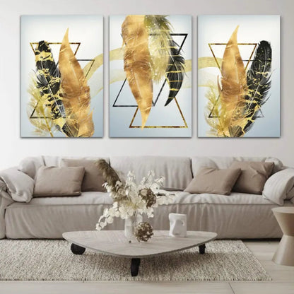 Golden Feathers Geometric Glass Wall Art