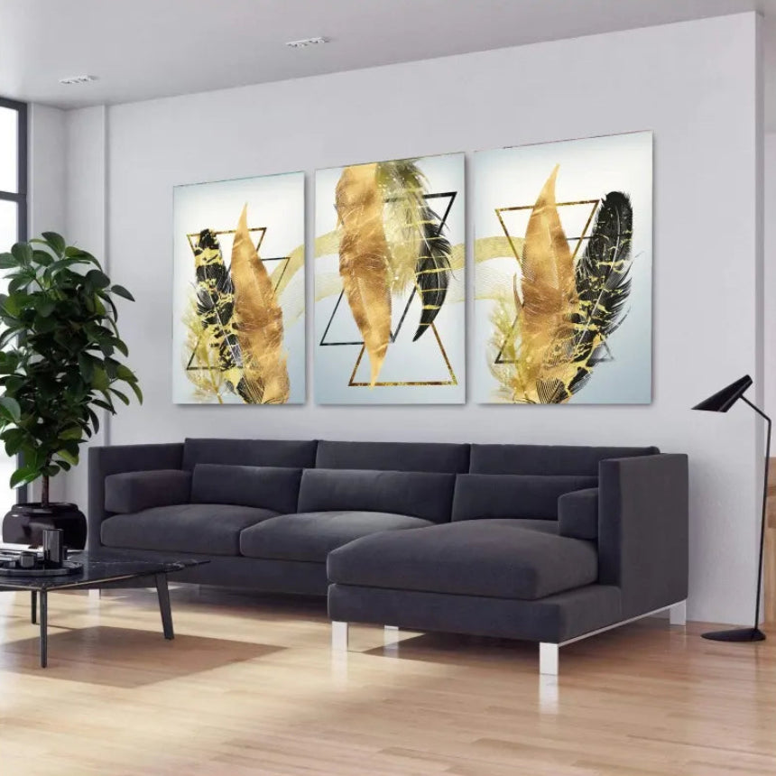 Golden Feathers Geometric Glass Wall Art