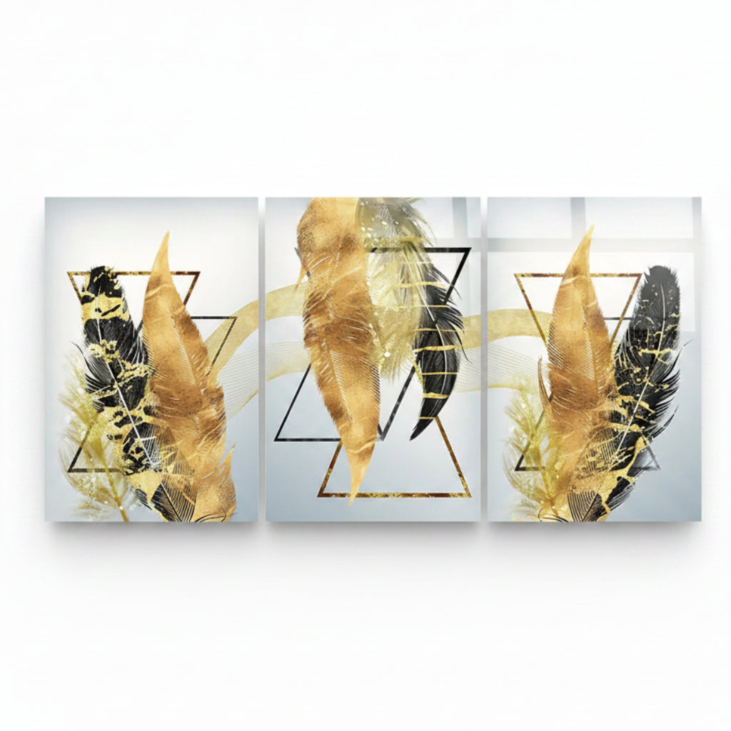 Golden Feathers Geometric Glass Wall Art