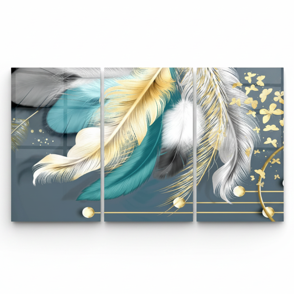 Teal & Gold Feathers Glass Wall Art