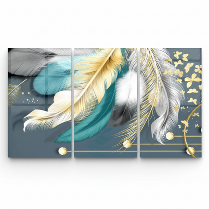 Teal & Gold Feathers Glass Wall Art